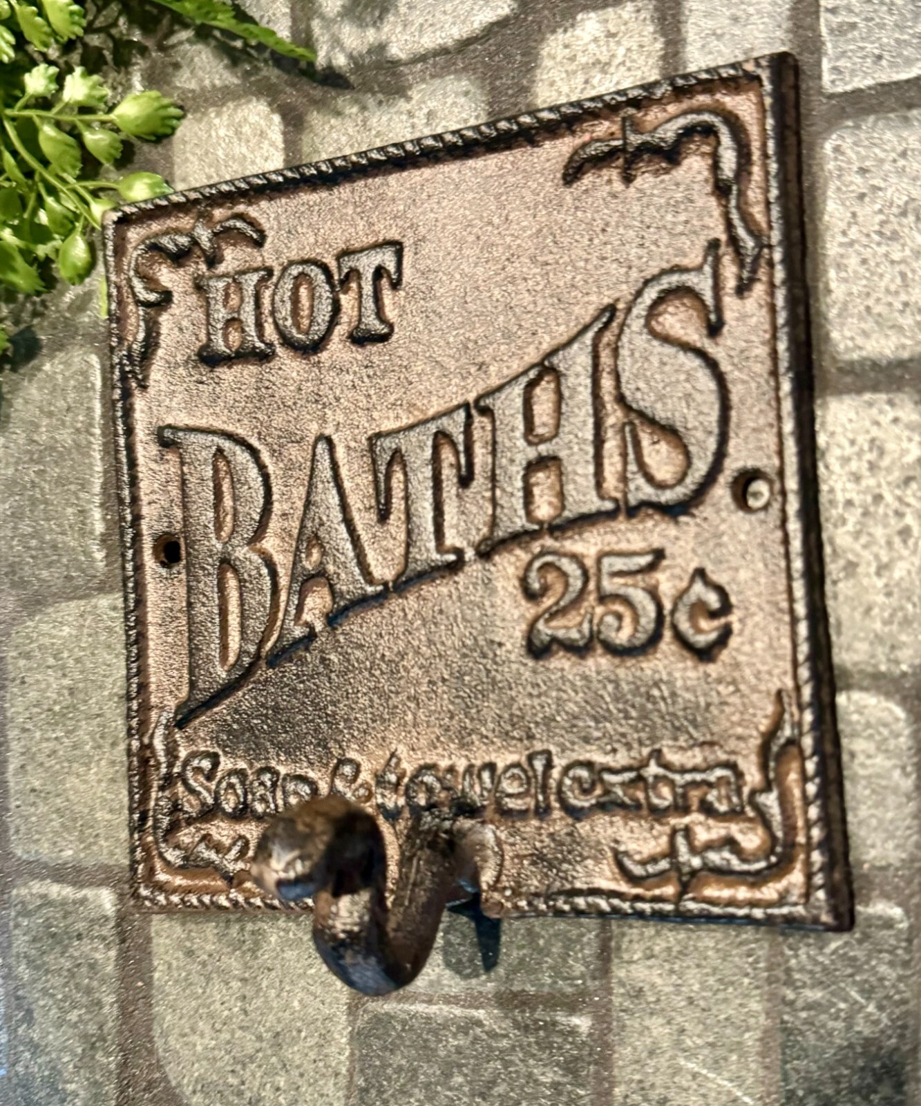 Rustic Country Primitive Cast Iron Hot Baths Bathroom Towel Hook Hanger Sign NEW gallery