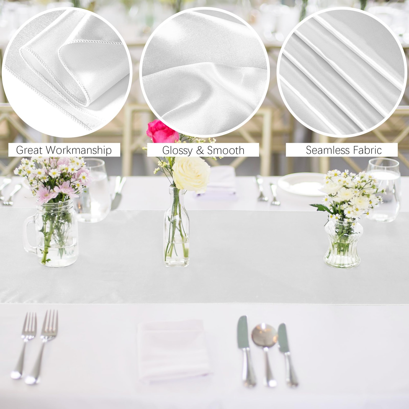 White Satin Table Runner 12x108 Inch Smooth Silk Wedding Decoration 4 PCS gallery