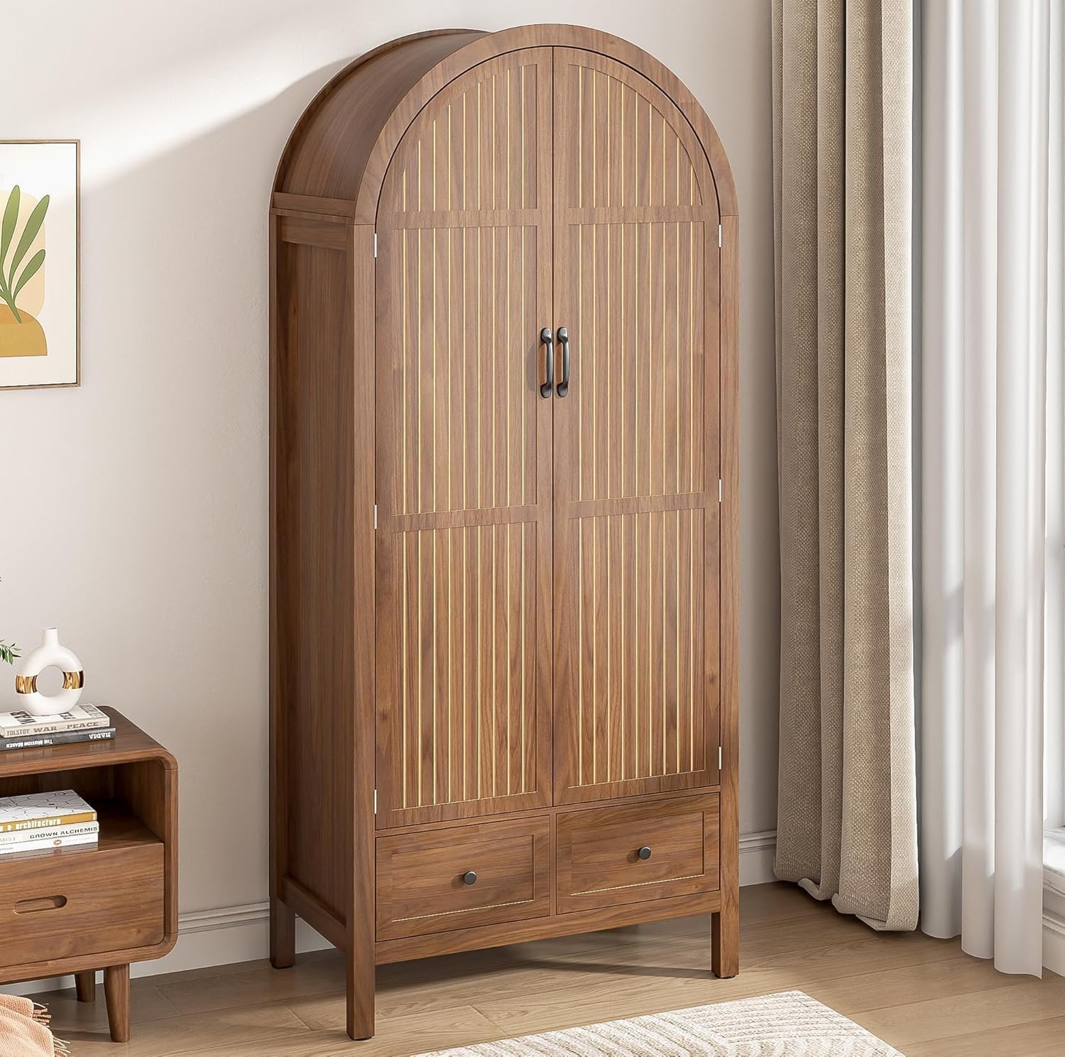 Wardrobe Closet, Armoire Wardrobe Closet with Drawers and 2 Arched Fluted Doors gallery