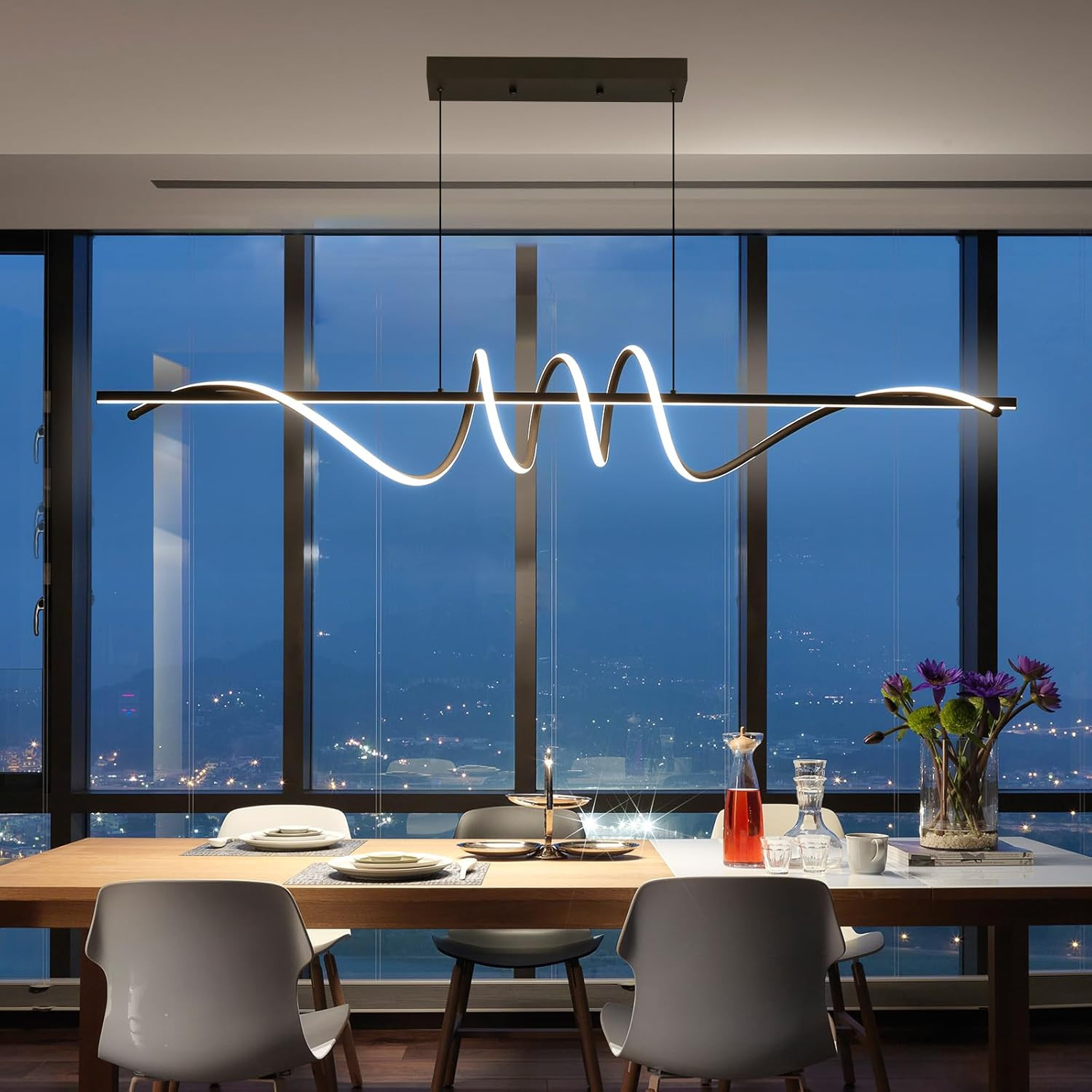 Dimmable Modern Chandelier Light with Remote, 3 Color Modes, 57In Black gallery