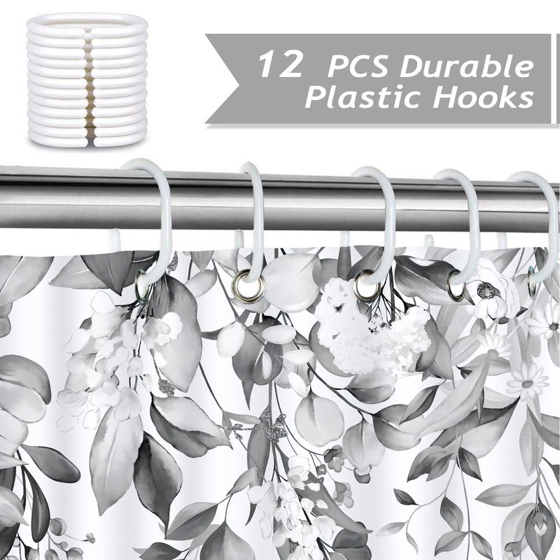 Grey Eucalyptus Shower Curtain Watercolor Leaves with White Floral Bathroom D... gallery