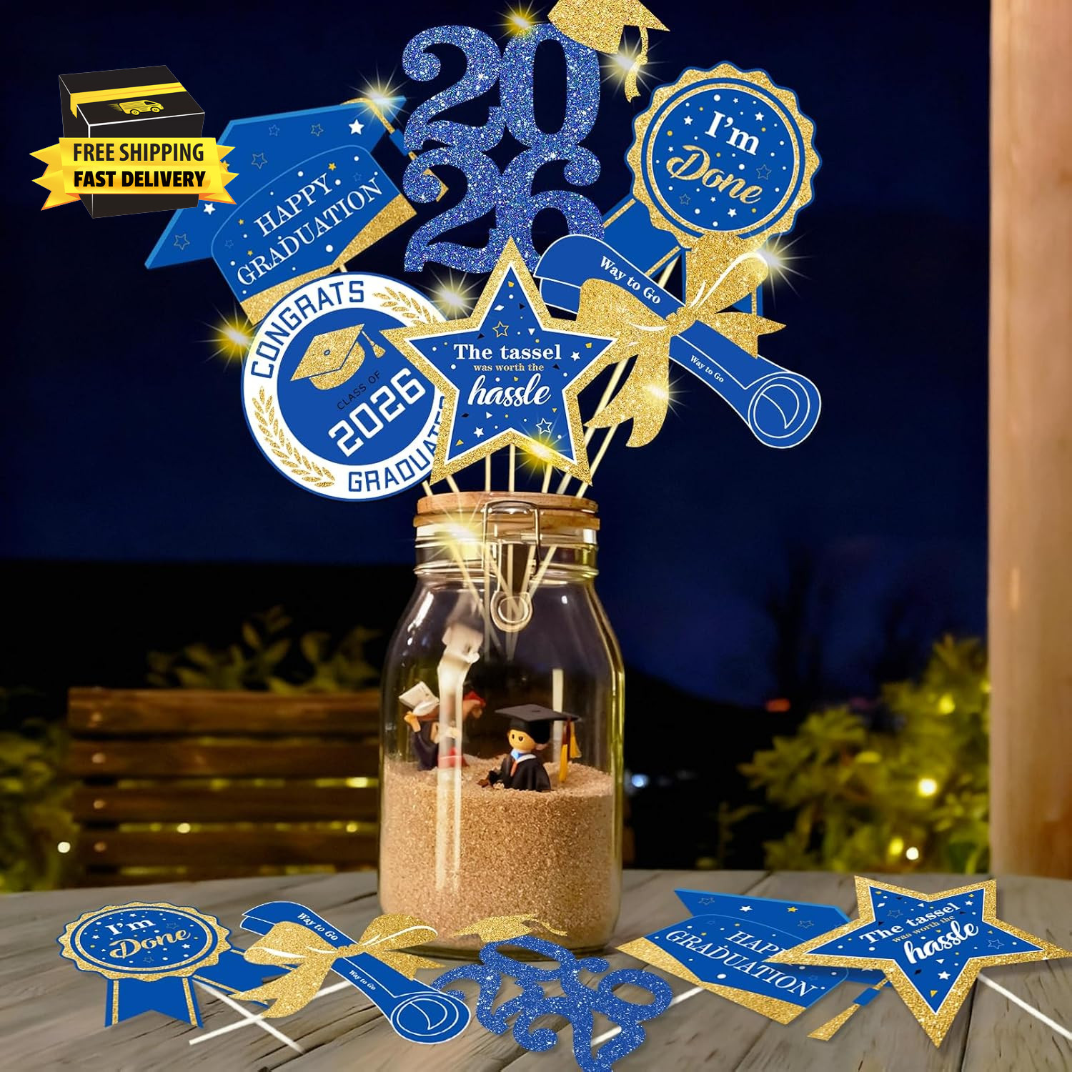 Graduation Decorations for Class of 2026-30Pcs Glitter Blue Gold Graduation Tabl gallery