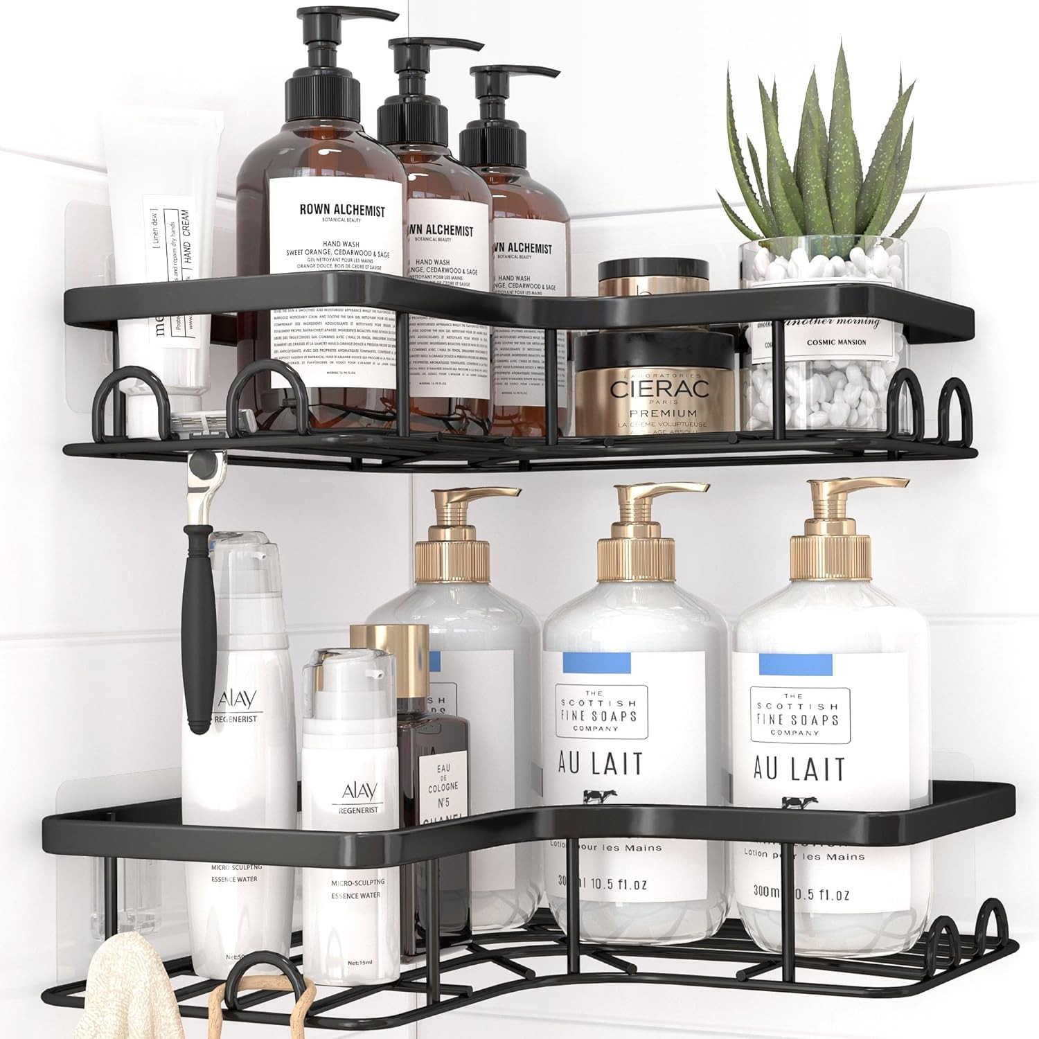 Corner Shower Caddy 2 Pack Adhesive Stainless Steel Shower Shelf Black Hooks Set gallery