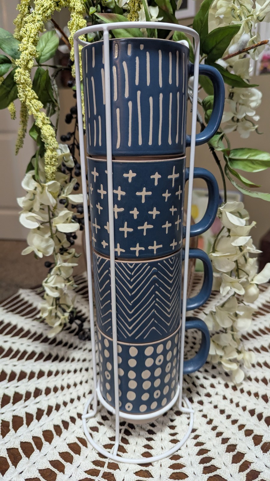 B&W Blue/Beige/White Ceramic Geometric Coffee Mugs Set of 4 Stackable gallery