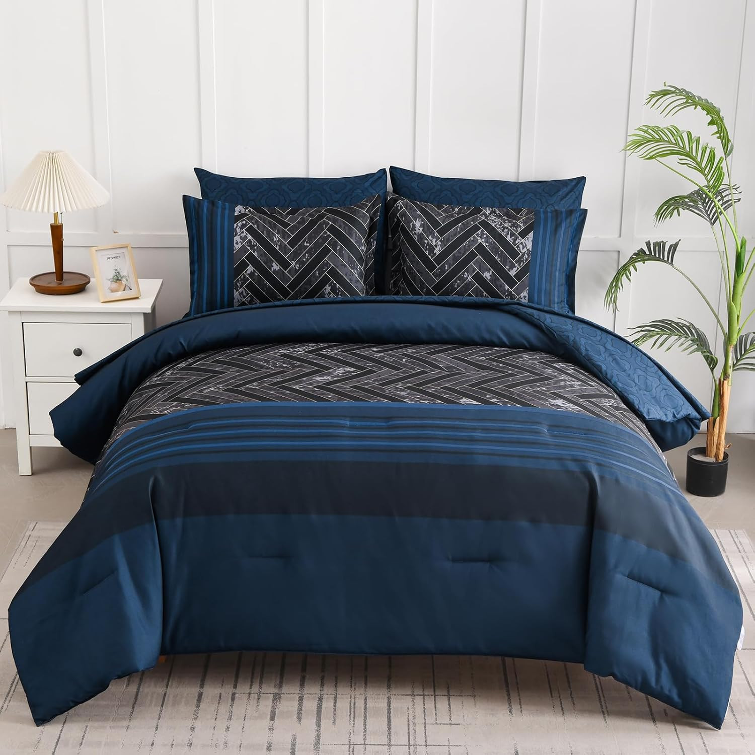 Navy Blue Comforter Set King Size, 7 Pieces Stripe Geometric Bed in a Bag, Soft gallery