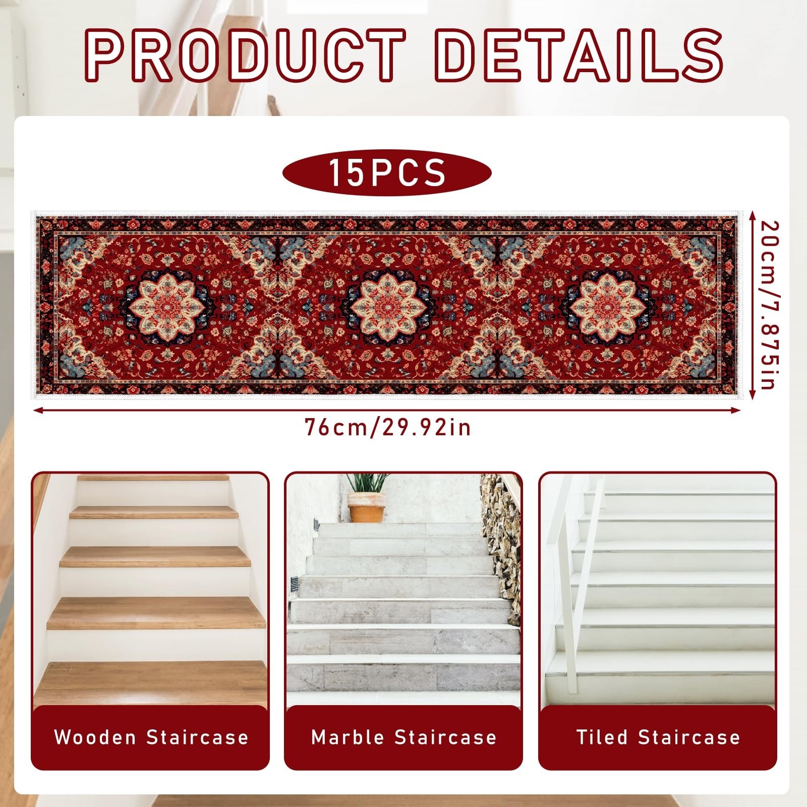 Stair Runner Non Slip 15 Pack, Persia Stair Treads for Wooden Steps 8" X 30" ... gallery