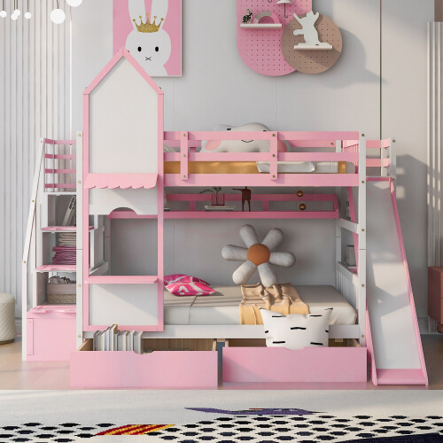 Solid Wood Bunk Bed w/ Slide Storage Drawers Staircases Twin Full Size Bed Frame gallery