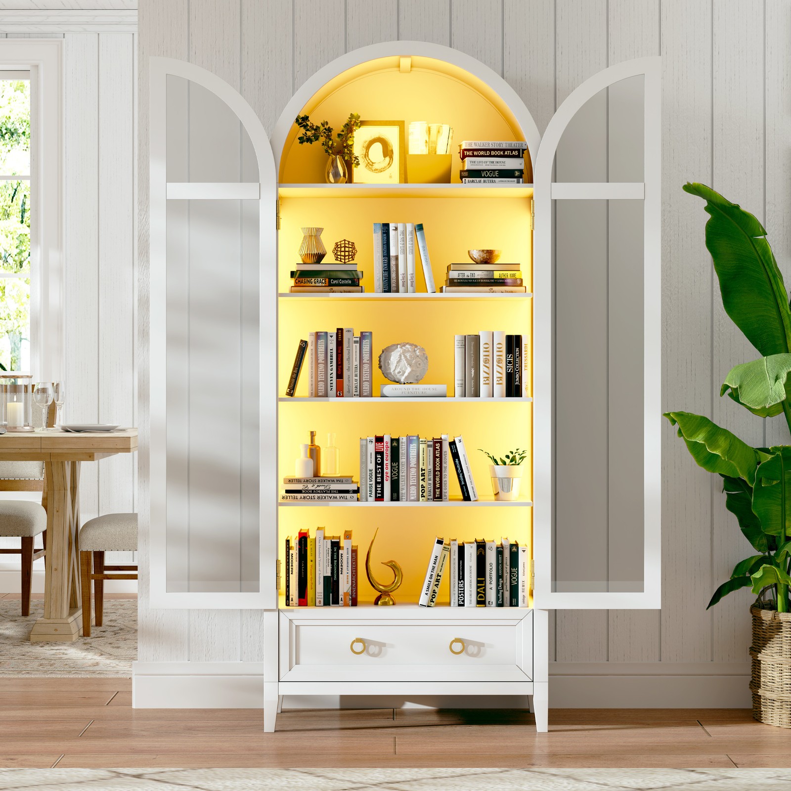 Arched Display Cabinet with Glass Doors, LED Storage Cabinet with Human Sensor gallery