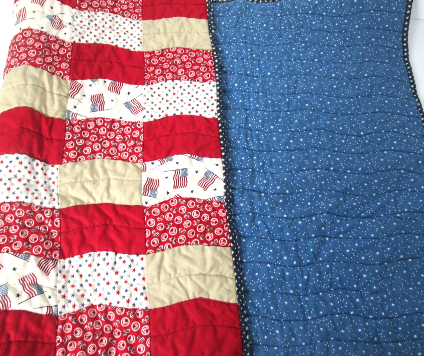 Handmade Quilted Patriotic Patchwork Blue Red White Table Topper 29"x 17" gallery