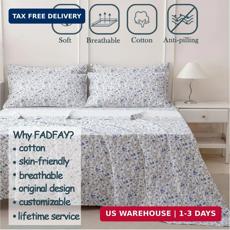 FADFAY 100% Cotton Percale Sheet Set California King - Blue Meadow Floral Beddin gallery