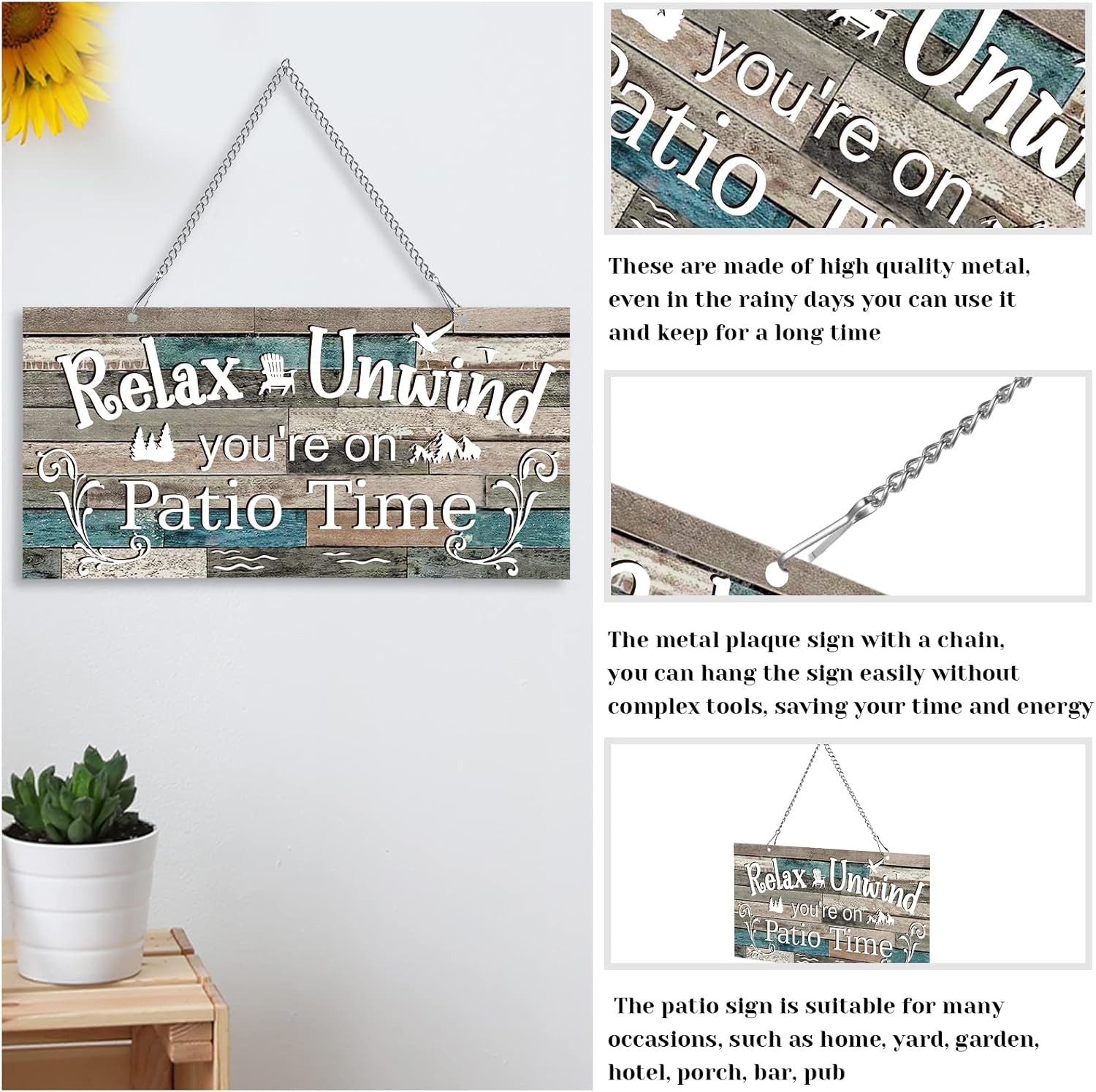 Rustic Metal Patio Sign Outdoor Wall Decor Farmhouse Hanging Porch Garden Art gallery