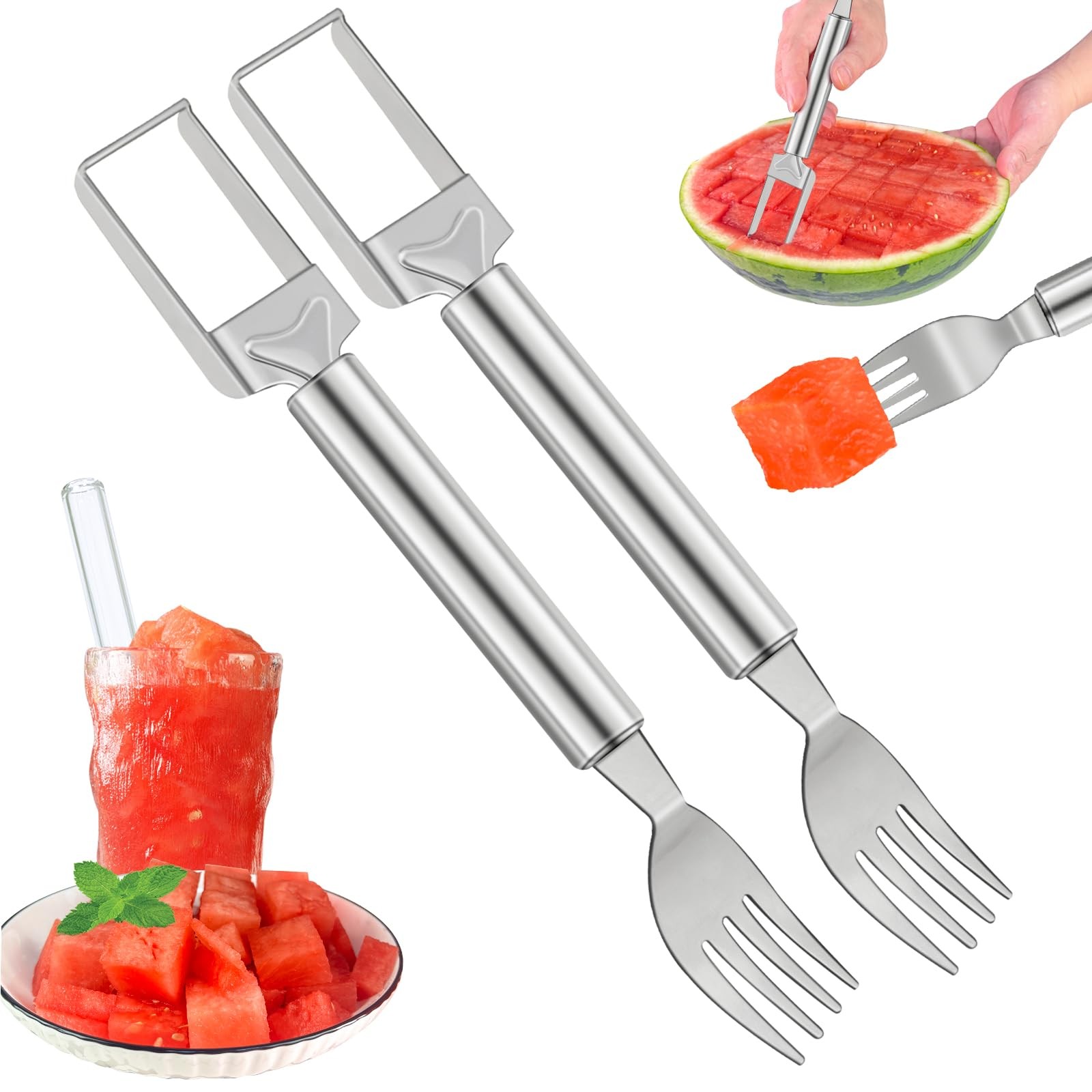Iokuki 2-In-1 Watermelon Slicer Fork 2-Pack Stainless Steel Fruit Cutter Tool gallery