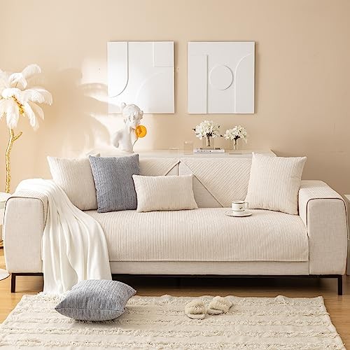 Soft Chenille Sofa Couch Cover Solid Color Striped Weave 27"x47" Cream gallery