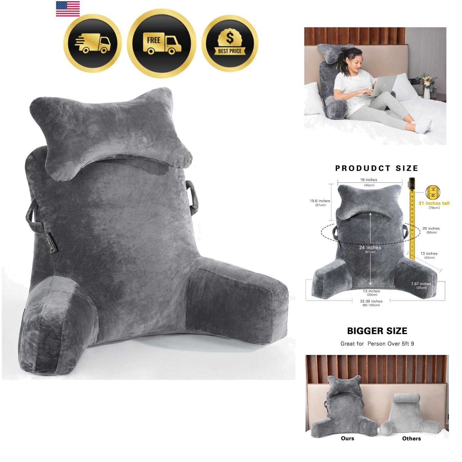 Reading Pillow Extra Large Bed Rest Pillow for Sitting Couch TV Relaxing gallery