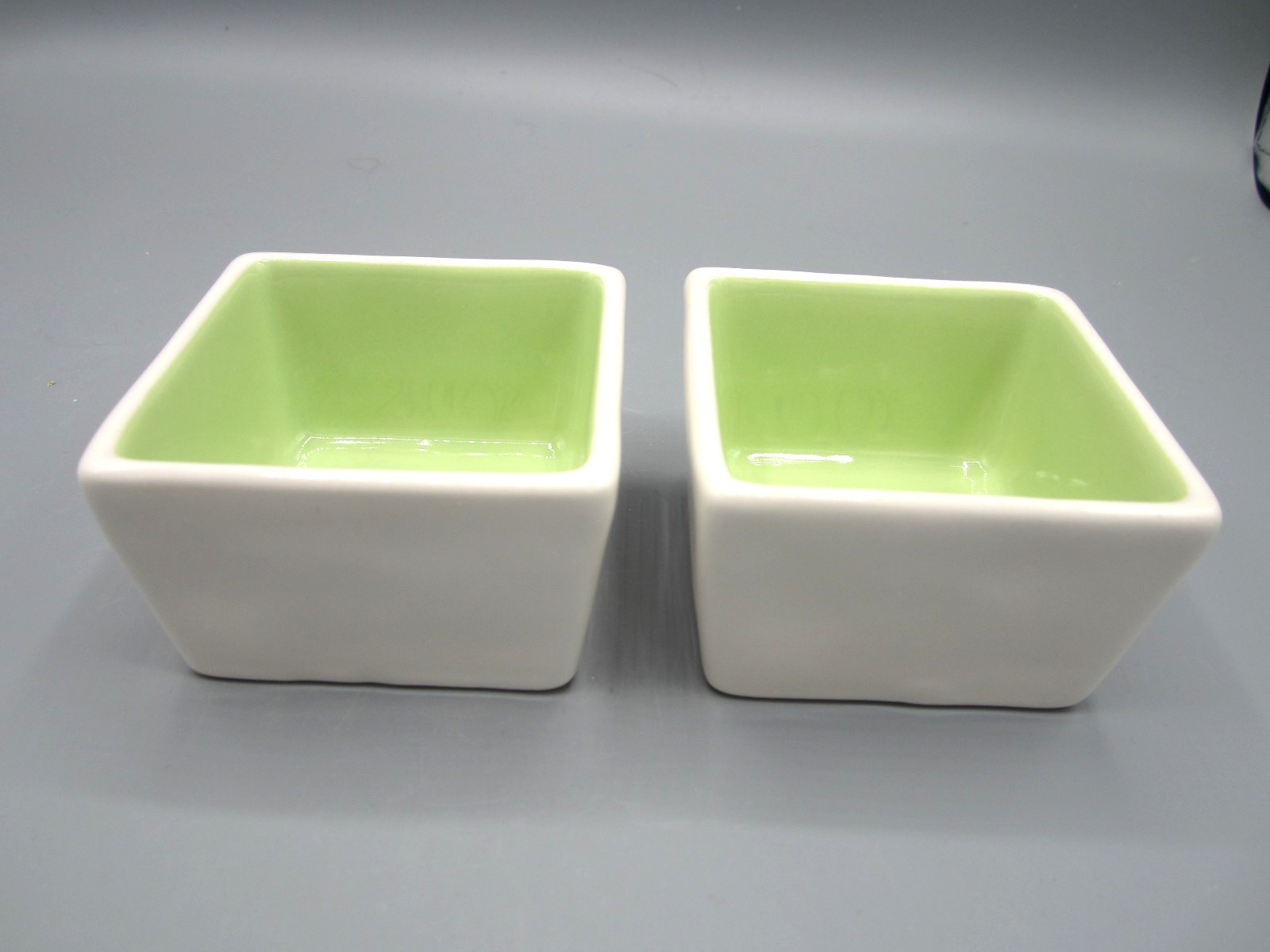 RAE DUNN White & Light Green "ENJOY SAVOR" 5 oz Square Dipping Bowl Set (168) gallery
