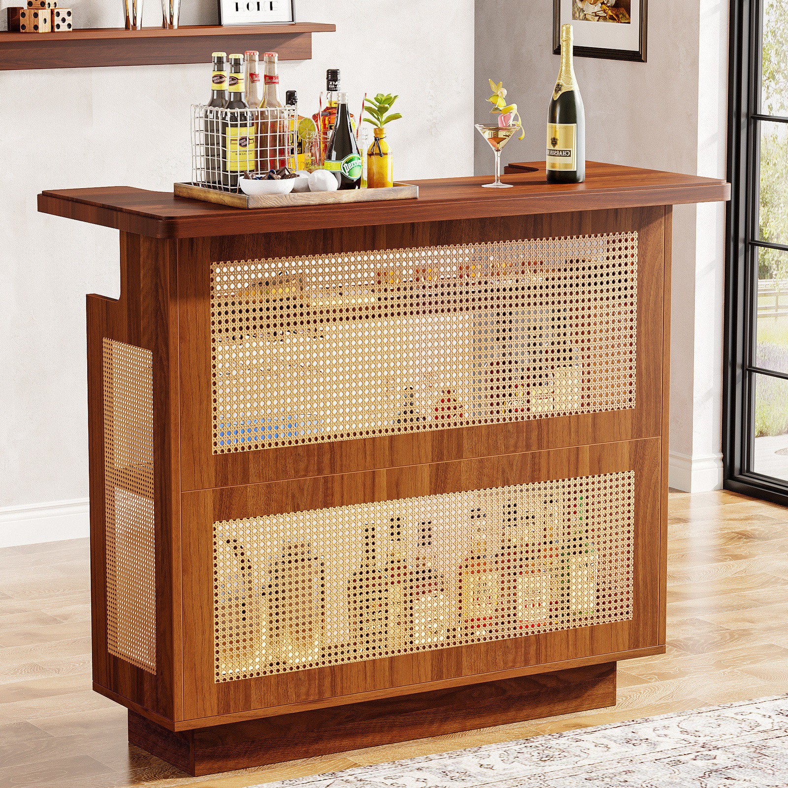 Home Bar Unit, 4-Tier Liquor Bar Table Mini Bar with Wine Racks and Glass Holder gallery
