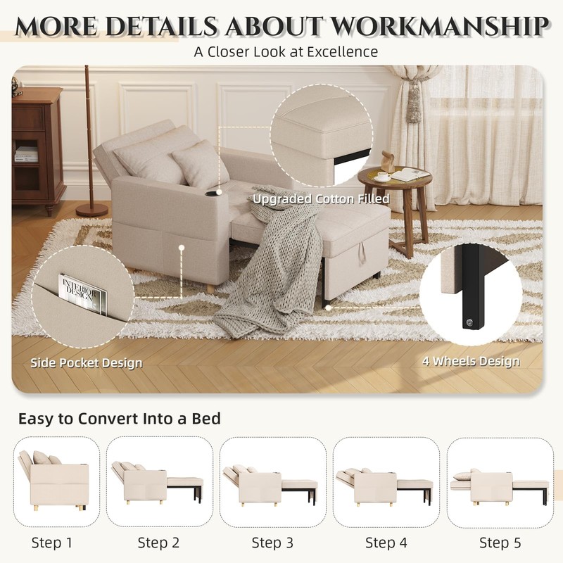 Esright Convertible Sofa Bed 3-in-1 Arm Chair Folding Recliner Sleeper 5 Color gallery