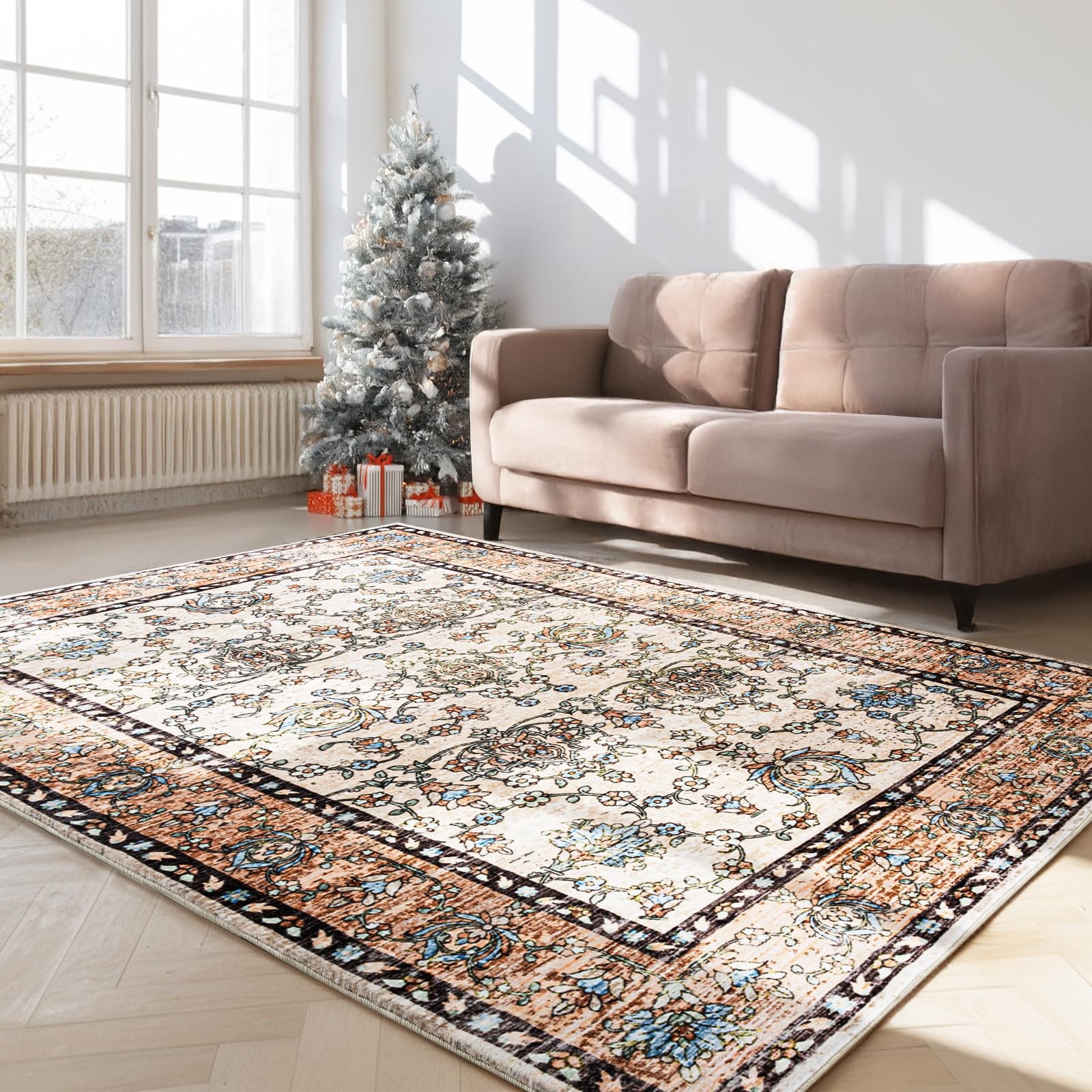 Cryptolite 4X6 Washable Area Rug Ivory And Beige Vintage Carpet Charcoal Border gallery