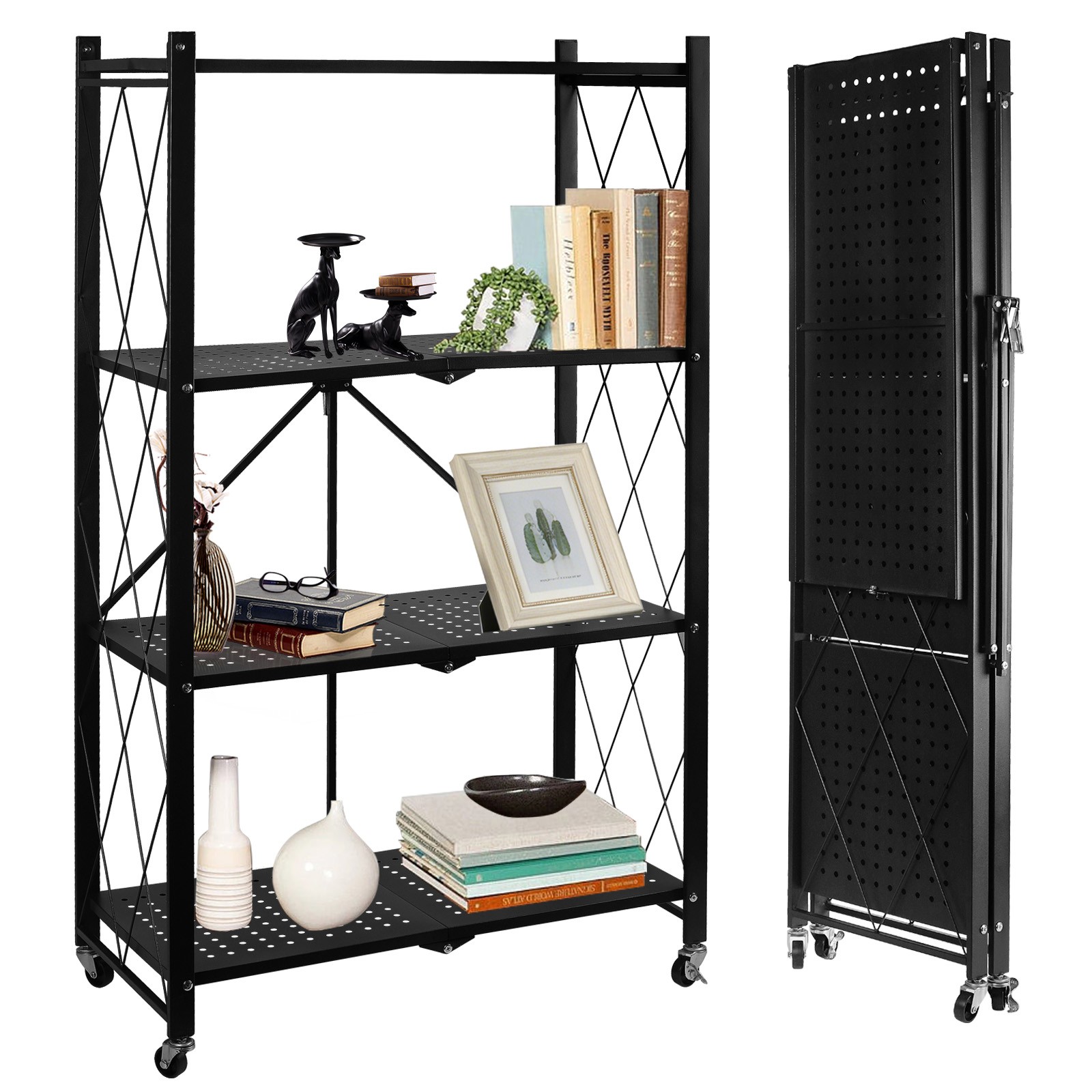 4-Tier Heavy-Duty Storage Rack Foldable Shelving Wheels Kitchen & Garage Metal gallery