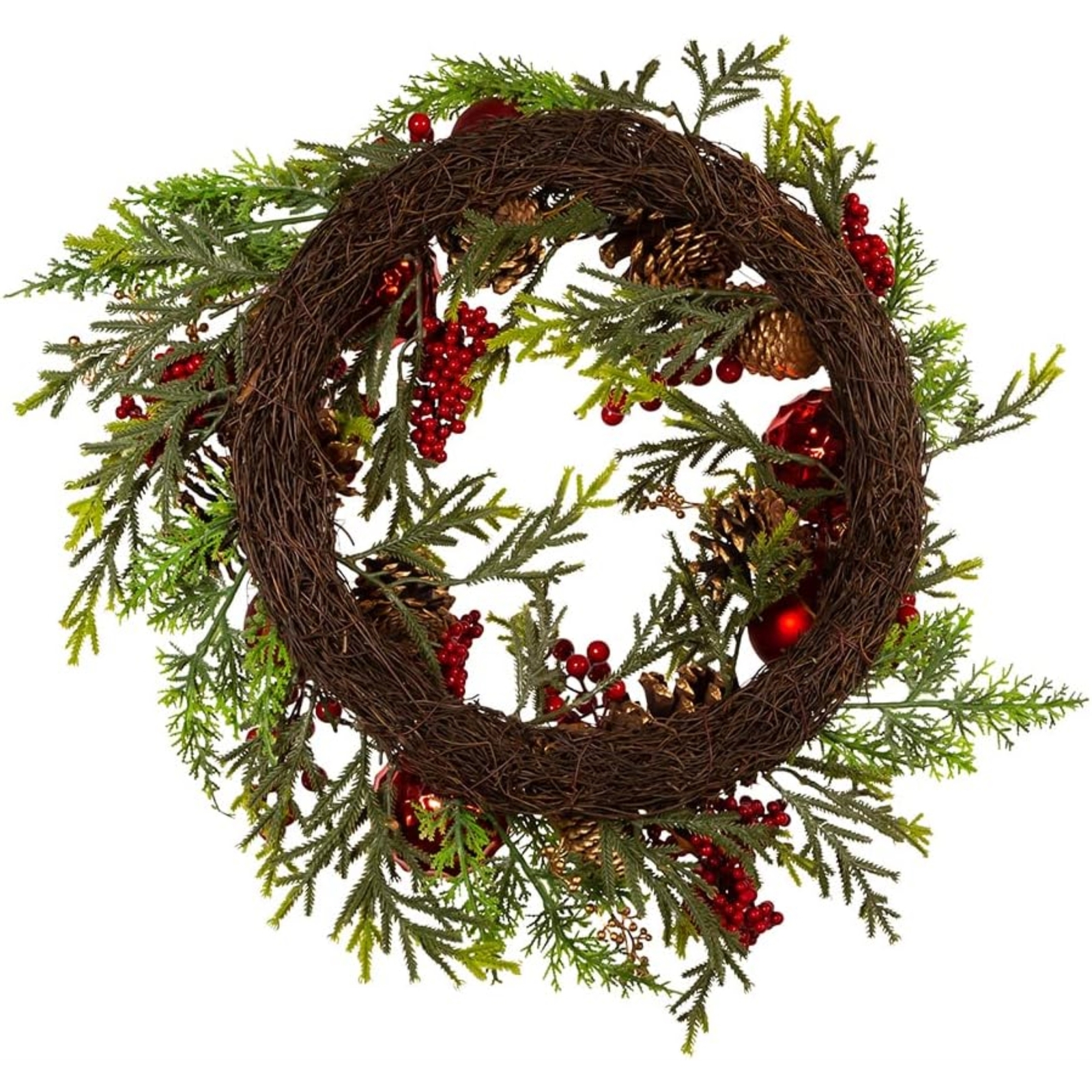 Kurt Adler Unlit Rattan Artificial Christmas Decorated Wreath, Red and Green,24" gallery