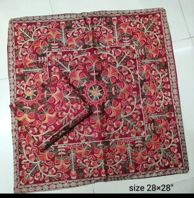 Pakistani Aari Work Floor Cushion Cover Full Embroidered Silk Base Cushion Cover gallery