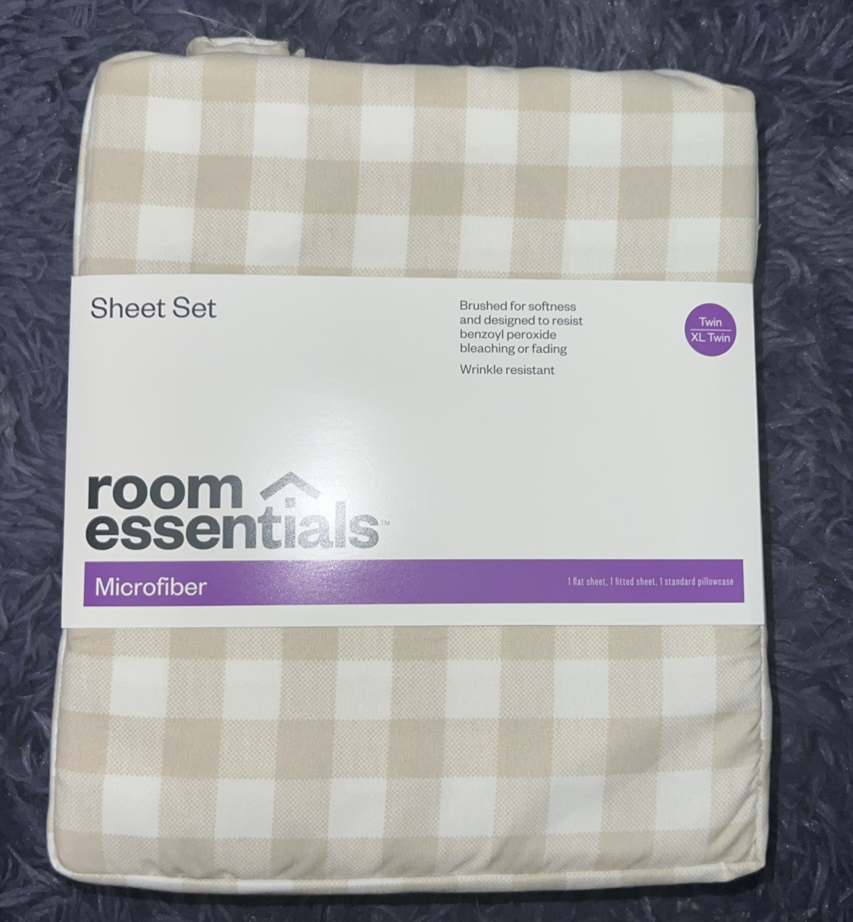 Room Essentials TWIN / XL-TWIN Sheet Set Khaki Gingham Microfiber Soft NWT gallery