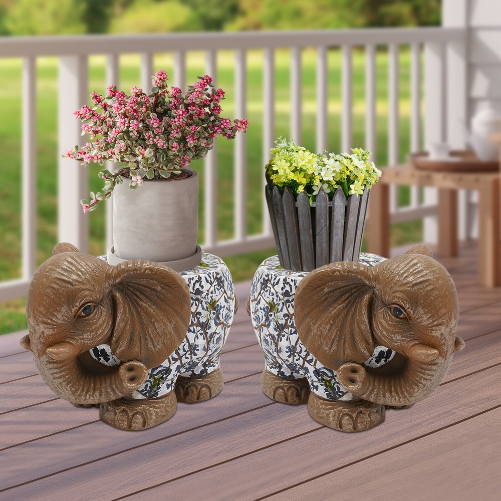 2 PCS Elephant Garden Stools Blue & White Porcelain Pattern Magnesium Oxide