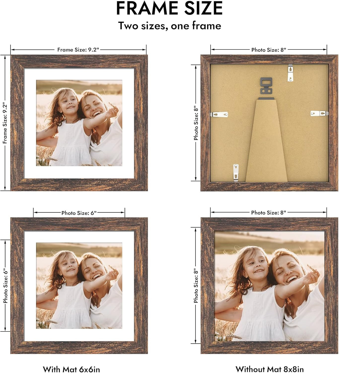 8x8 Picture Frame with Glass, Display Pictures 6x6 with Mat 8X8 in Rustic Brown gallery