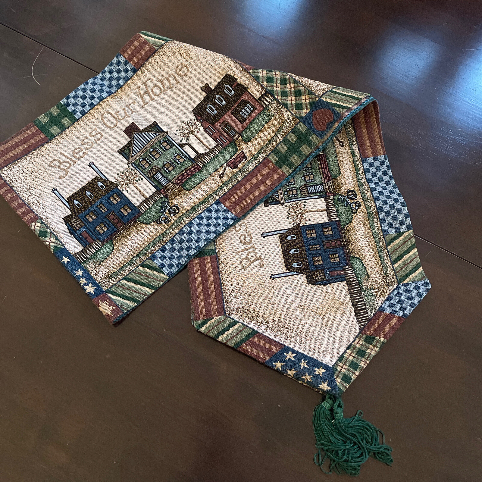 Country Bless Our Home Patchwork House Tapestry Table Runner gallery