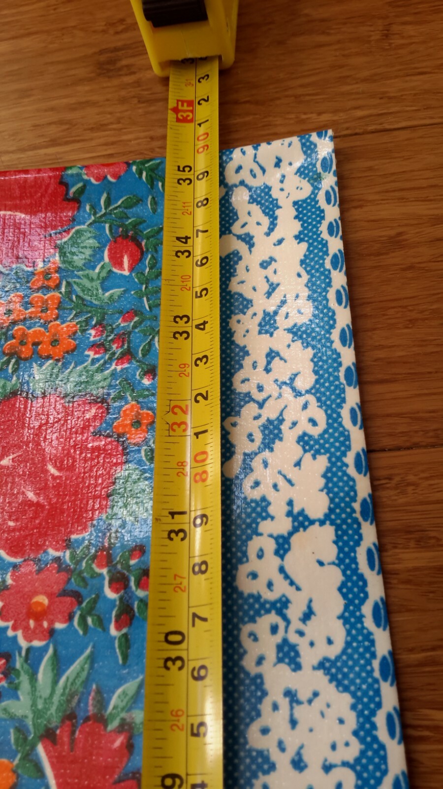 Vinyl Rectangle Tablecloth Blue Red/Orange Floral/White Lace Pattern  70" x 47" gallery
