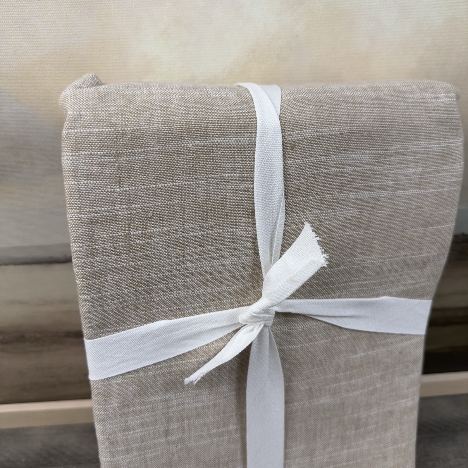 Pottery Barn (1) Emery Border Linen Curtain Drape 50”x96” Oatmeal/Gray NWOT gallery