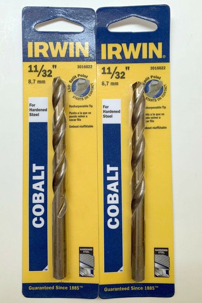 2 IRWIN 11/32" COBALT DRILL BITS 3016018 SPLIT POINT JOBBER HARDENED STEEL