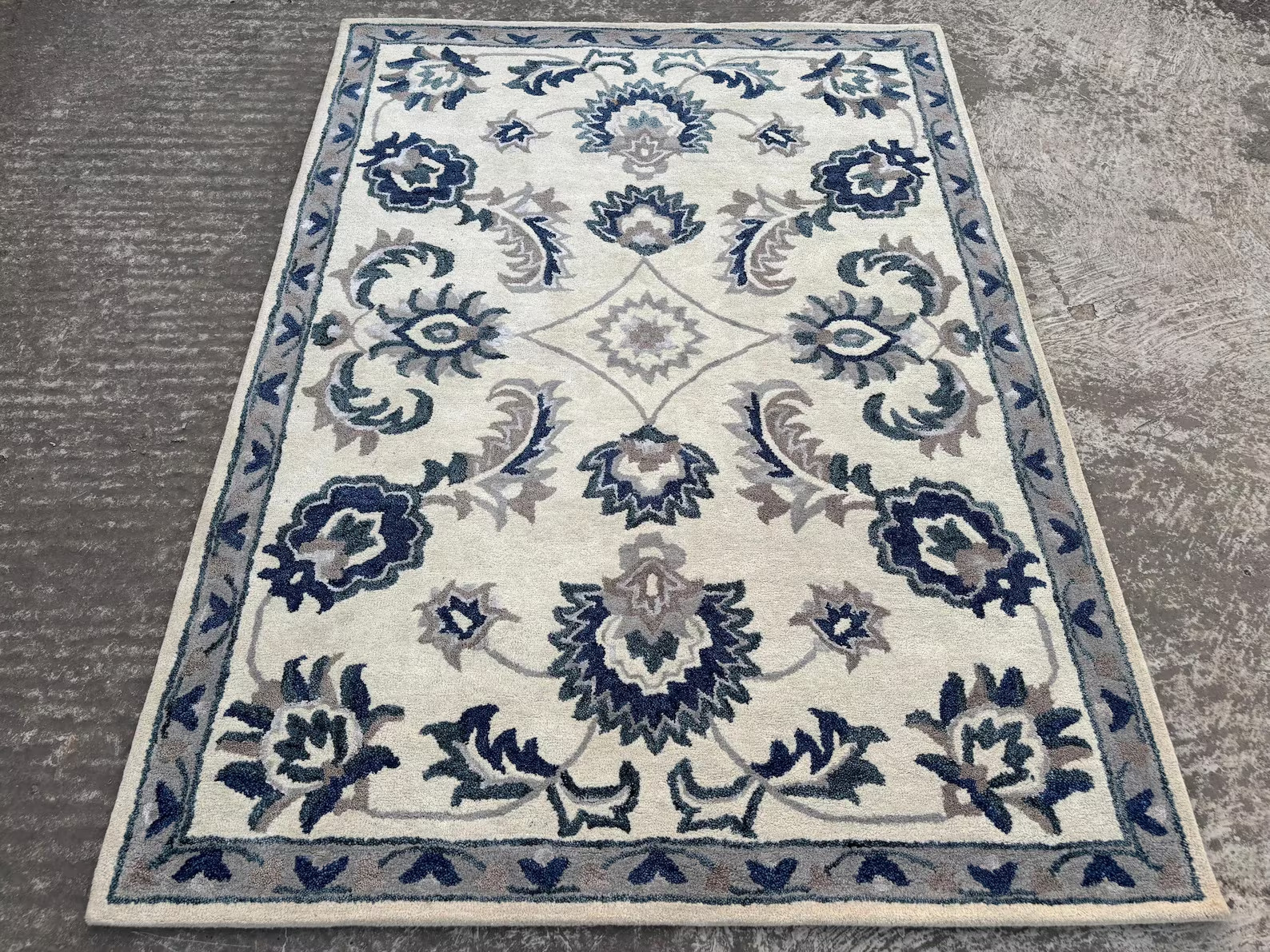 Modern Hand Tufted Wool Rug: Floral Blue, Grey, Ivory gallery