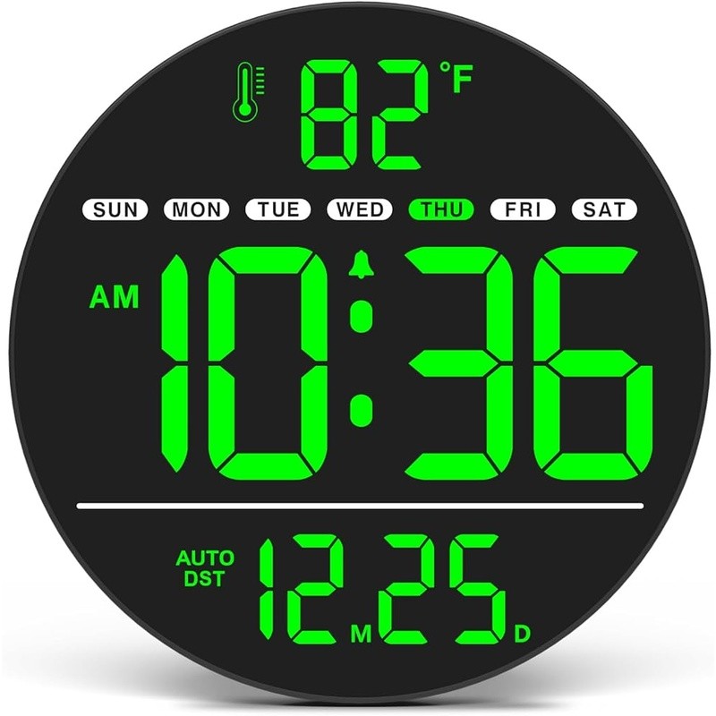Electric Wall Clock W/ LED Display Silent Dimmer Temperature Date Time Auto DST gallery