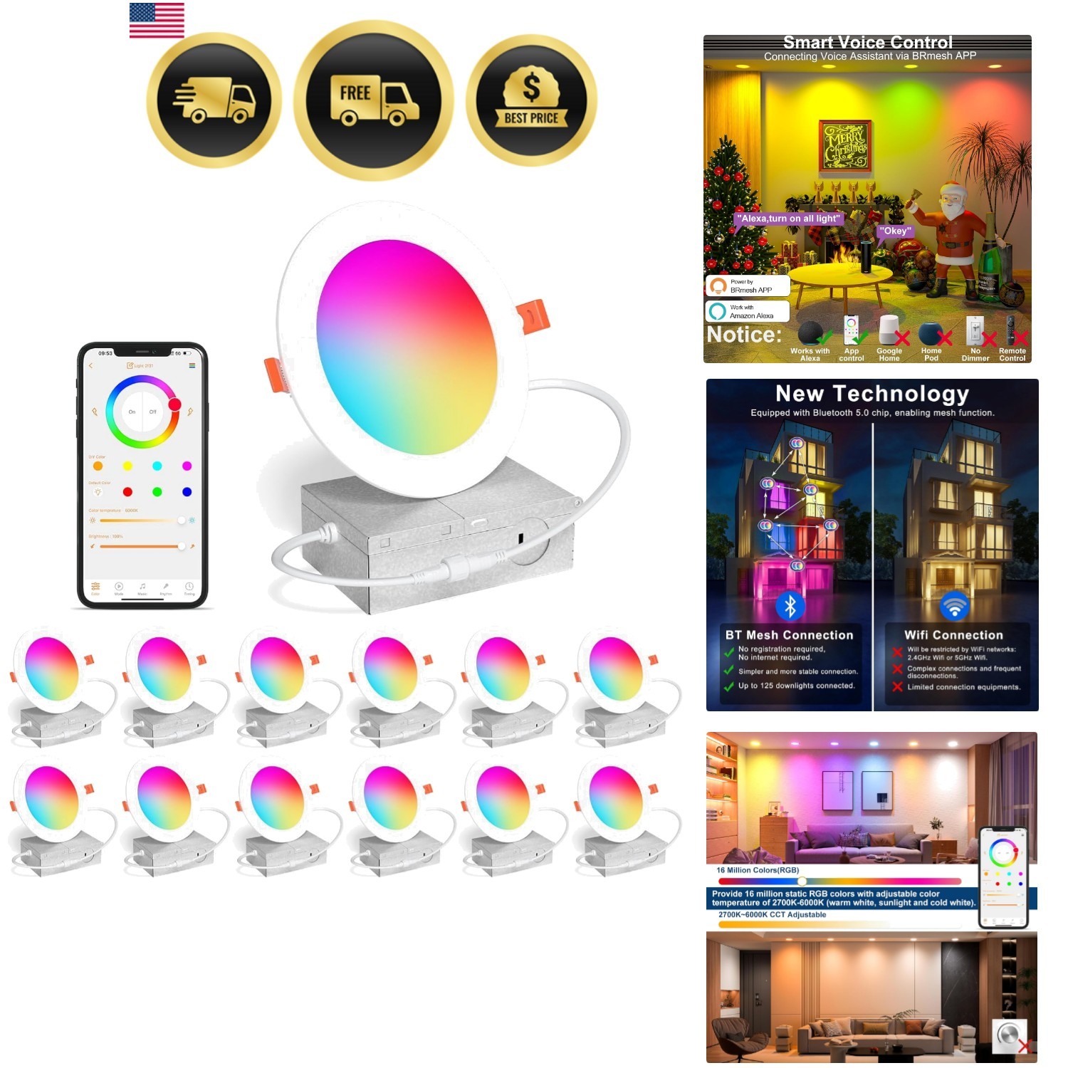 Smart Recessed Lighting 4 Inch RGBCW Color Changing 12W LED Downlight with Ju... gallery