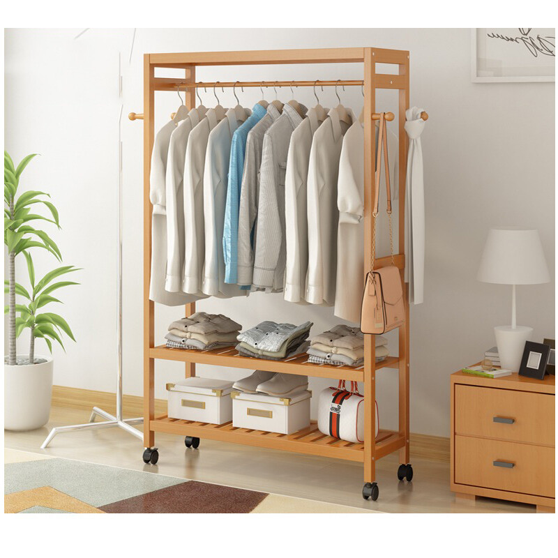 Bamboo Clothes Rail Rack Garment Storage Organizer Hanging Shelf On-Wheels DIY gallery