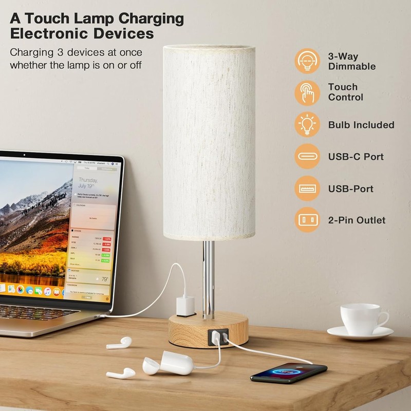 3 Way Touch Bedside Table Lamp USB C AC Outlet Wood Base LED Bedroom Light Shade gallery