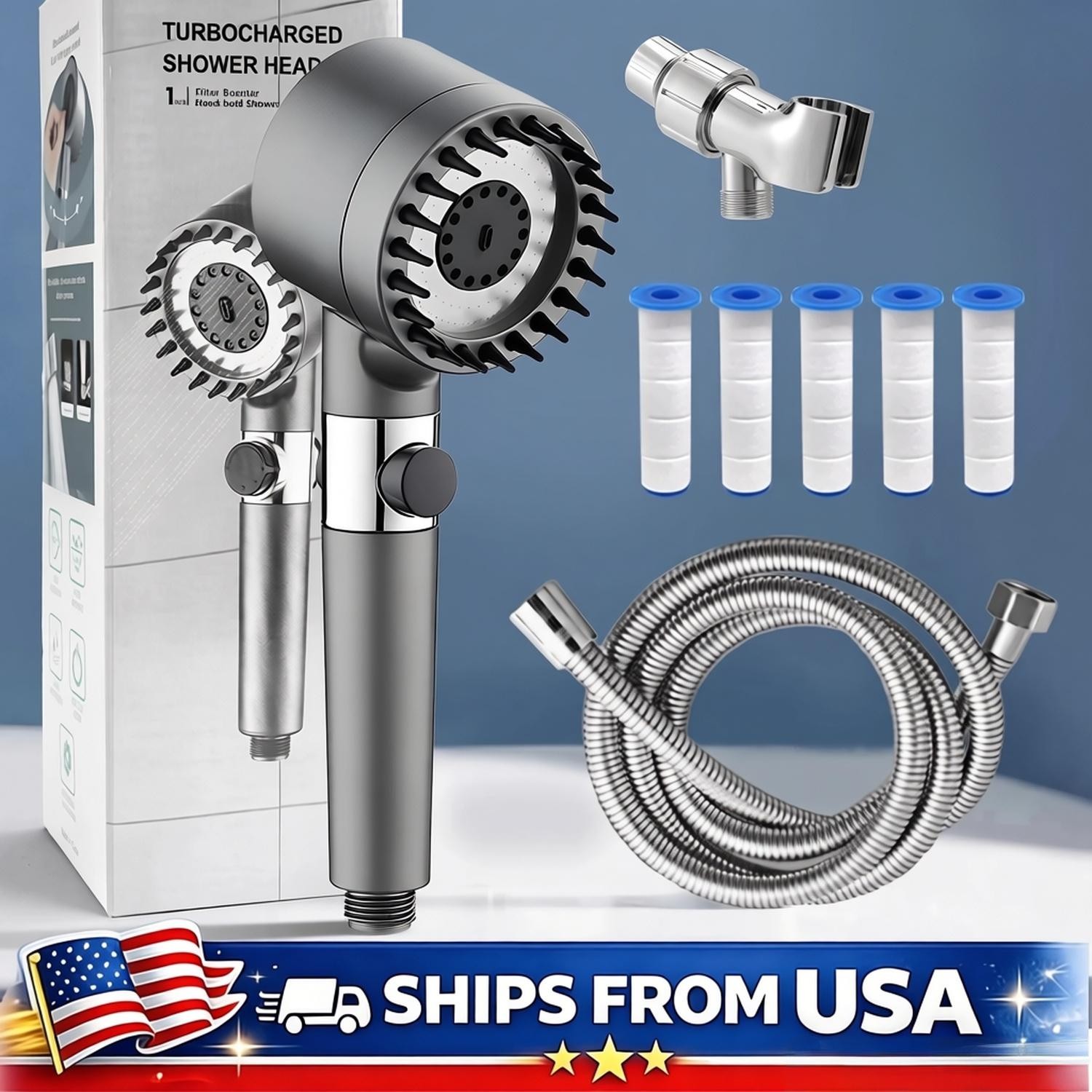 New High Pressure Shower Head Handheld Shower Head With 5 Filters 1.5m Hose USA gallery