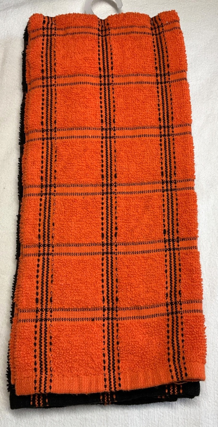 MAX STUDIO KITCHEN TOWELS (3) ORANGE BLACK CHECK COTTON POLYESTER NIP gallery