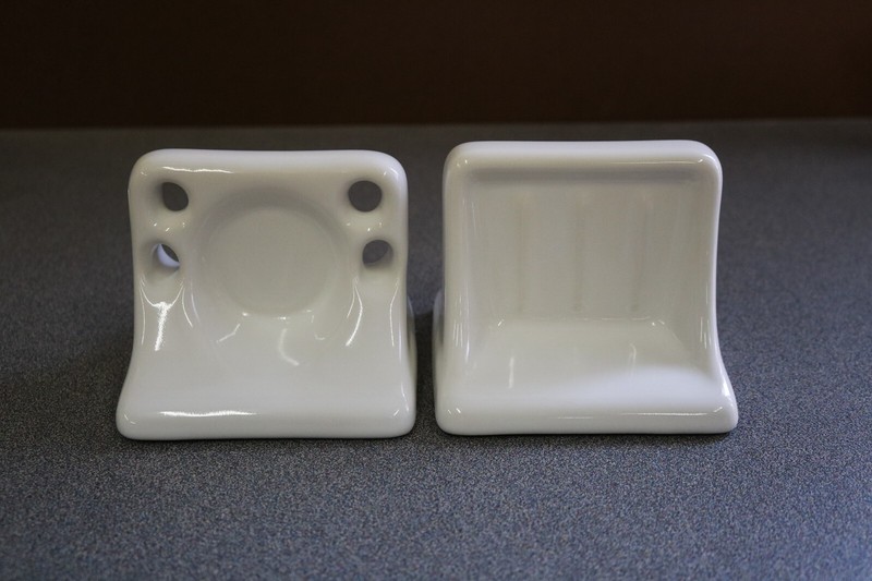 ACP Flat-Back Glossy White Ceramic Soap Dish & Toothbrush Holder Bathroom Set gallery