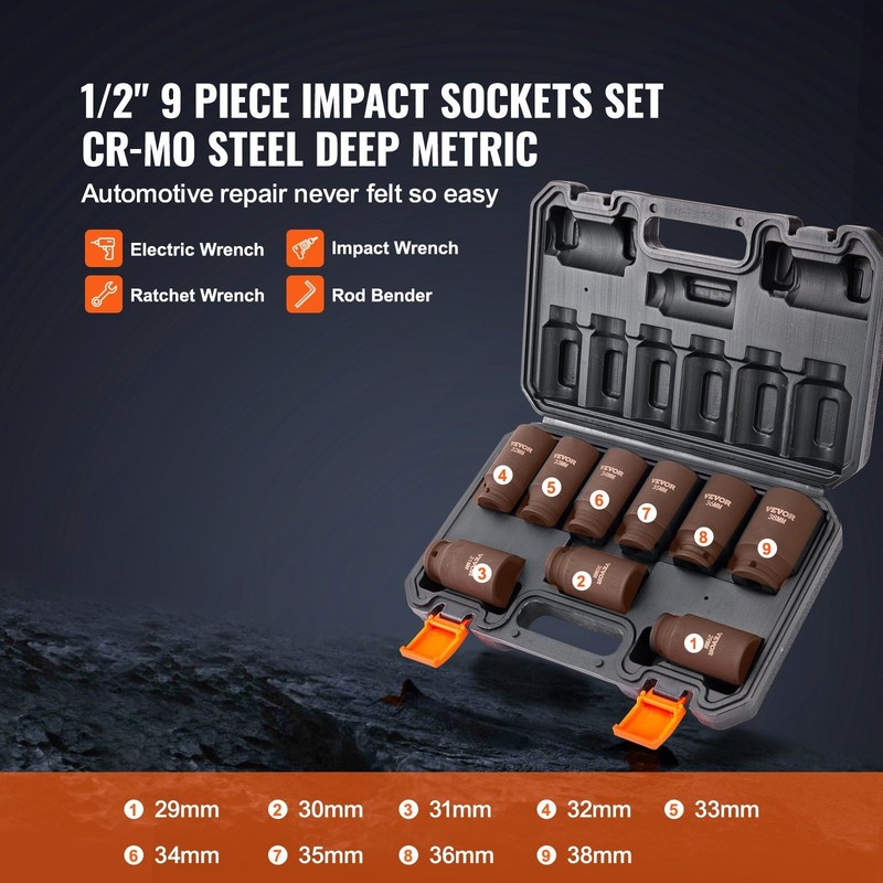 9-Piece 1/2in Deep Impact Socket Set 29-38mm Cr-Mo Steel with Carry Case gallery