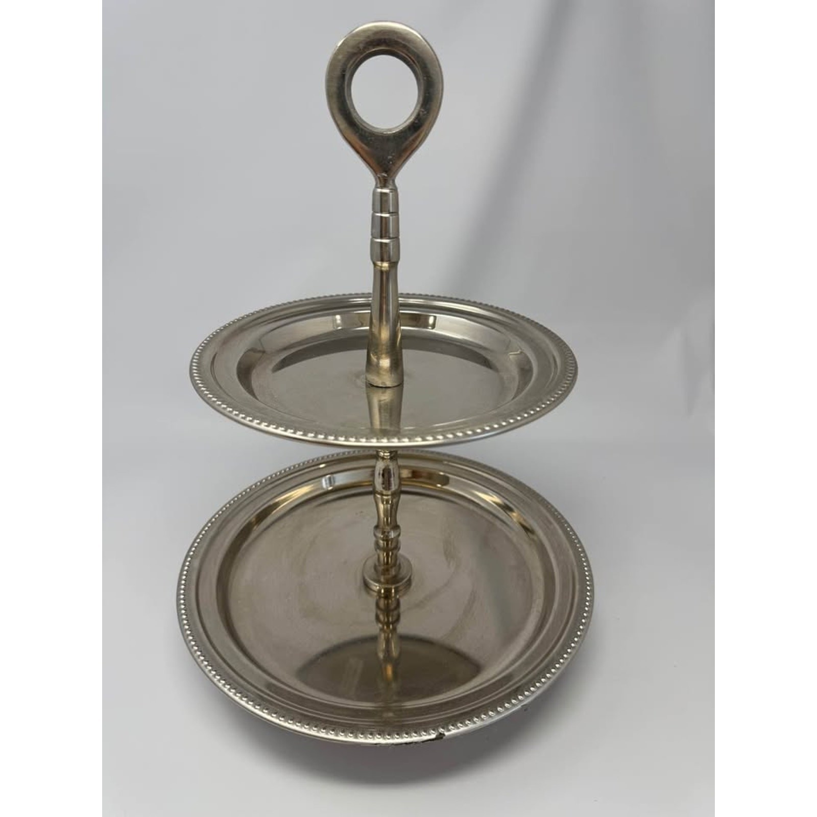 Nickle Plate Silver Metal Two Tiered Tidbit Plate Dessert Tray or Jewelry 14” H gallery