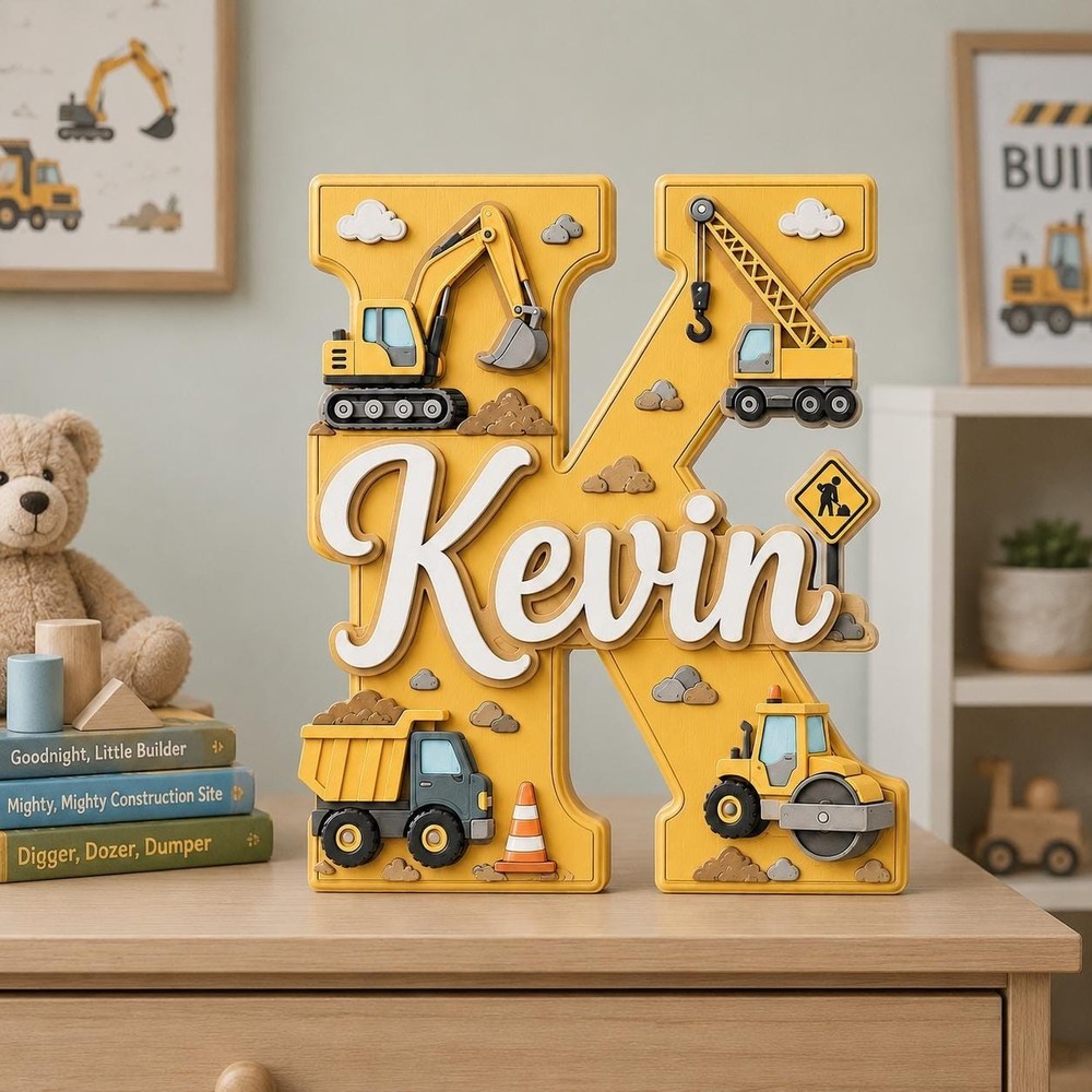 Personalized Construction Nursery Name Sign, Custom Digger Truck Baby Name Sign