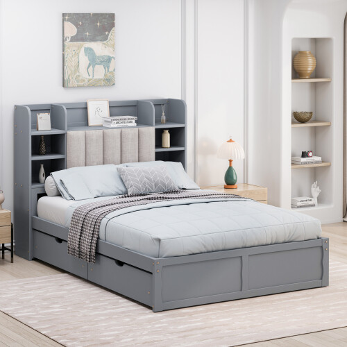Solid Wood Platform Bed Frames w/ Storage Drawers Bookshelves Bedroom Furniture gallery