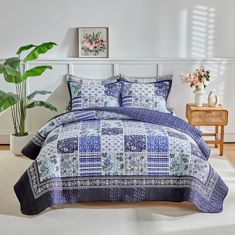 Patchwork Quilt Set Queen Size,3 Pieces Navy Blue White Floral Plaid Reversib... gallery