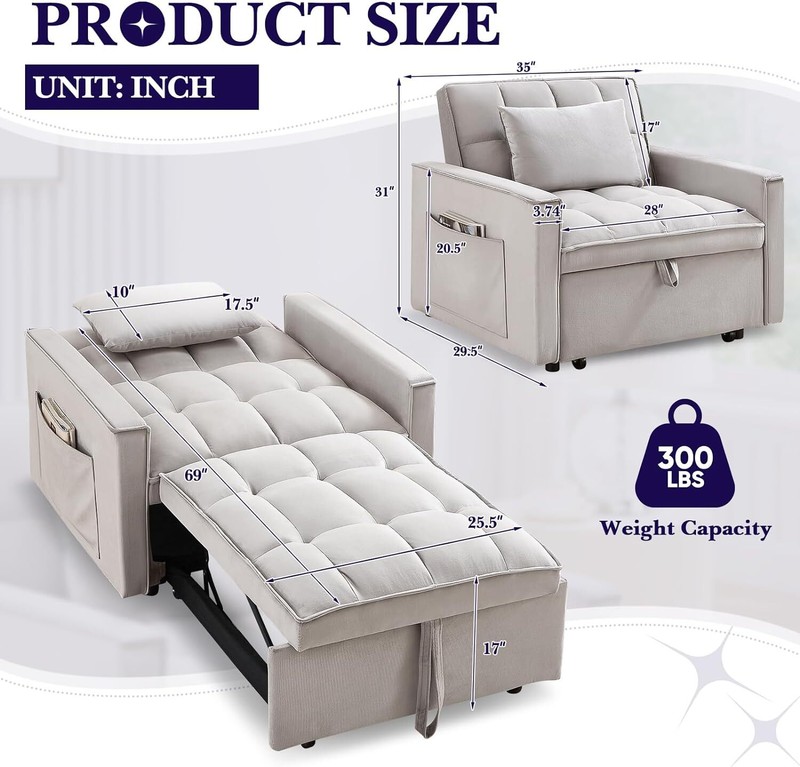 3 in 1 Convertible Single Sleeper Chair Bed Modern Velvet Pull Out Sofa Bed gallery