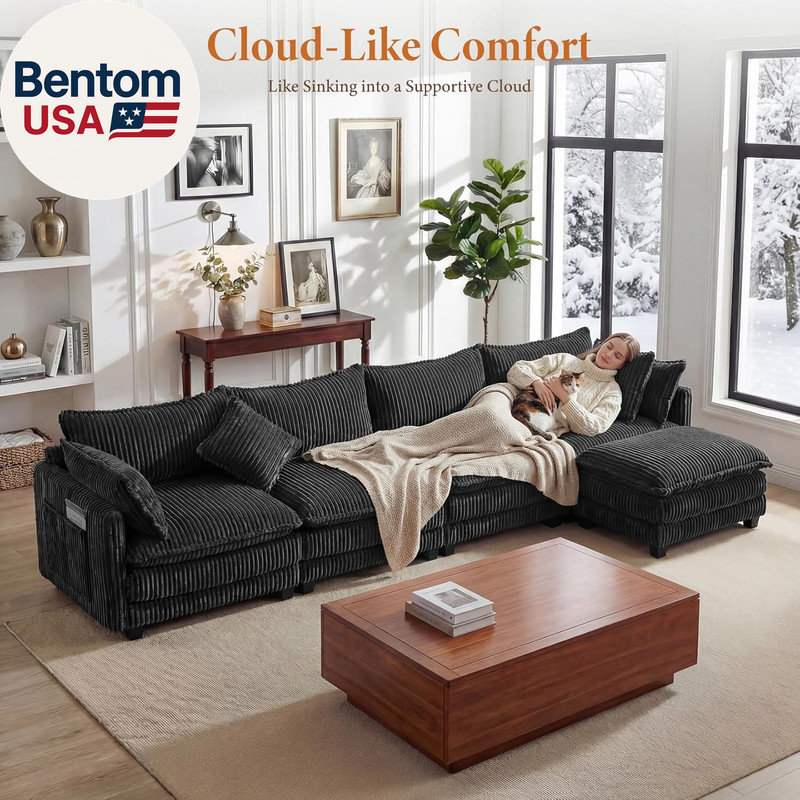 143" L Shaped Modular Sectional Couch, Comfy Corduroy Upholstered Cloud Couches gallery