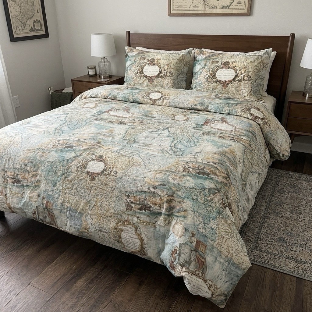 Potterybarn Full Queen Duvet Cover 2 Standard Shams Retired HTF Antique Map gallery