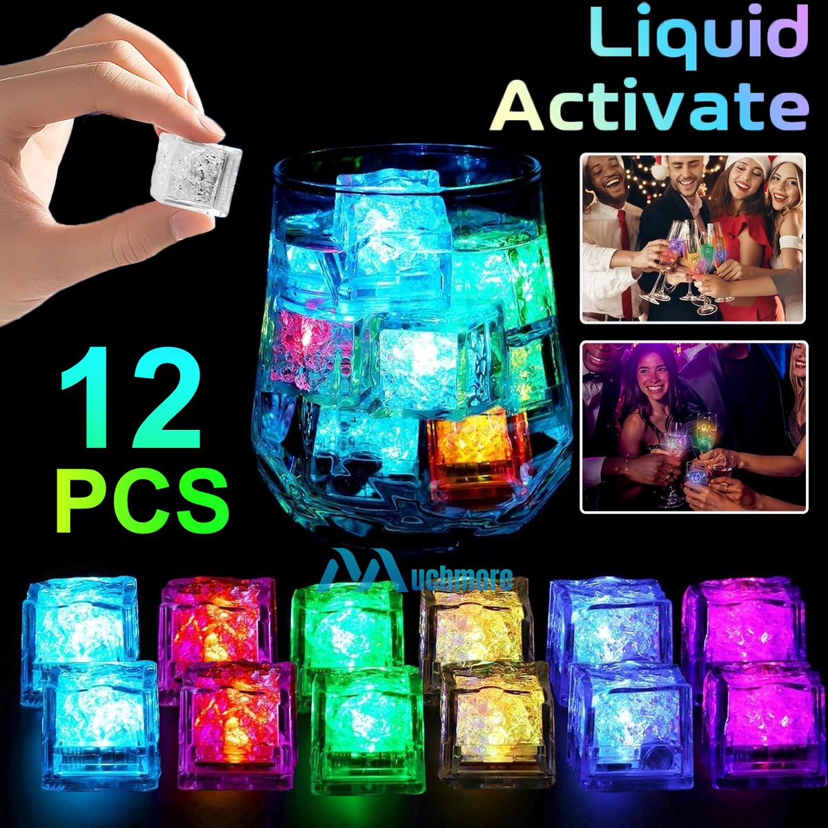 12x Light Up RGB LED Ice Cubes for Party Drinks Dark Glowing Flashing Ice Cubes gallery