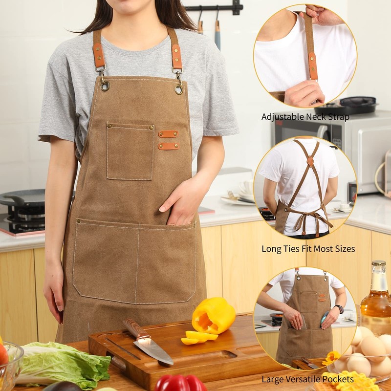 Canvas Cross Back Chef Apron, Adjustable Straps, Large Pockets, Brown gallery